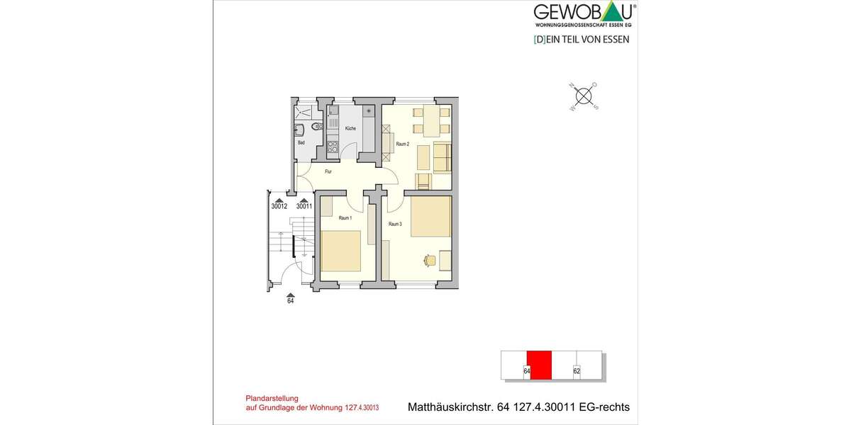 Etagenwohnung Essen Bochold - 3 Zimmer, 55 m&sup2;, 385&euro; | Angebot:27166924
