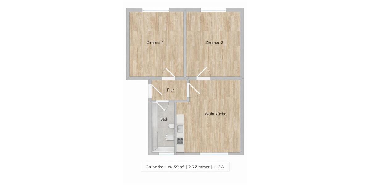 Erstbezug: 2,5-Zimmer-Wohnung (ca. 59 m²) mit neuem Tageslichtbad & 3-fach Verglasung 2.5 zimmer