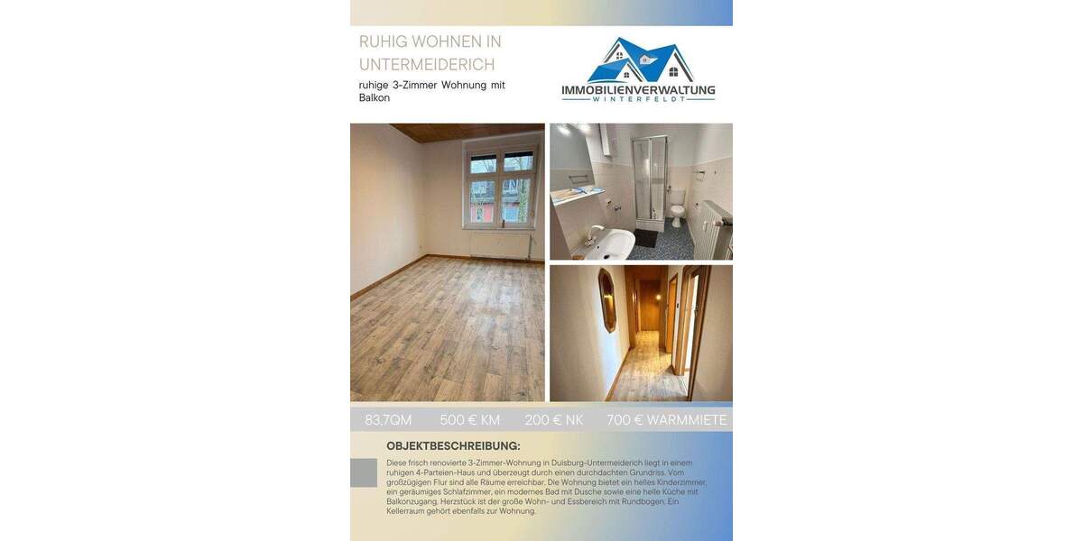 Etagenwohnung Duisburg Untermeiderich - 3 Zimmer, 83 m&sup2;, 500&euro; | Angebot:25836320
