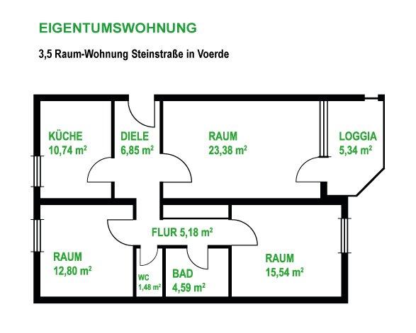 Etagenwohnung Voerde (Niederrhein) - 3.5 Zimmer, 85 m&sup2;, 195.000&euro; | Angebot:27458470