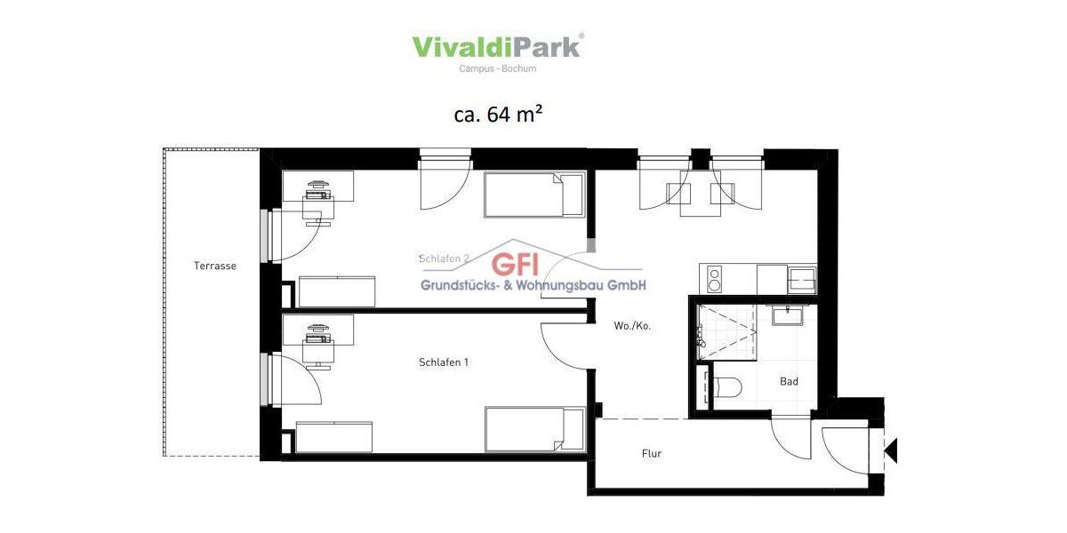 Etagenwohnung Bochum Laer - 2 Zimmer, 62 m&sup2;, 1.090&euro; | Angebot:23597814