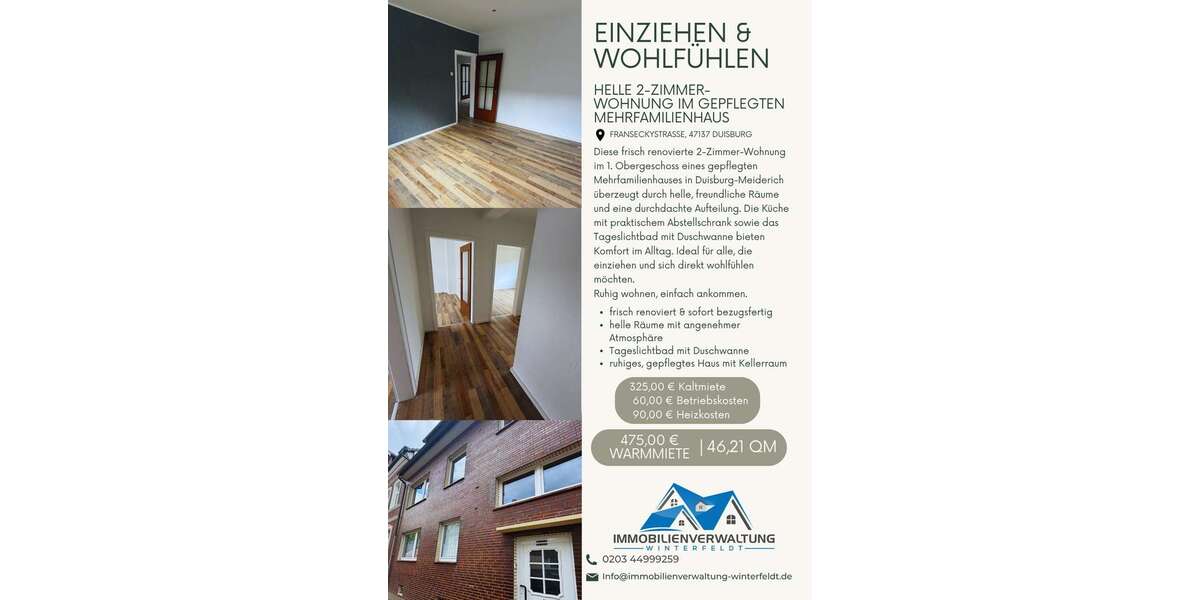 Etagenwohnung Duisburg Untermeiderich - 2 Zimmer, 46 m&sup2;, 325&euro; | Angebot:26460539