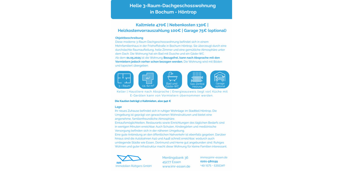 Dachgeschoßwohnung Bochum Eppendorf - 3 Zimmer, 62 m&sup2;, 470&euro; | Angebot:25377633